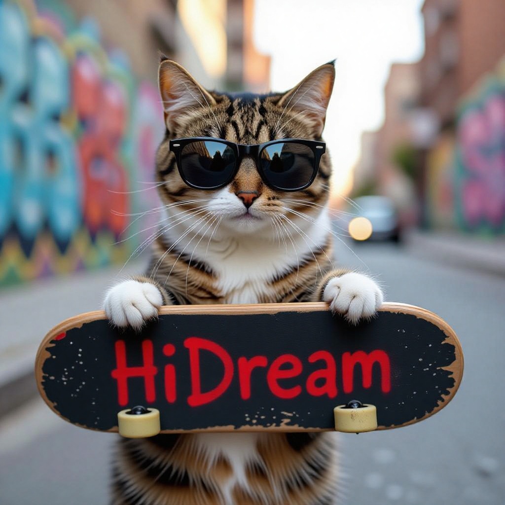 a cat wearing a sunglasses and holding a skateboard which has 'HiDream' written on it in red spray paint 